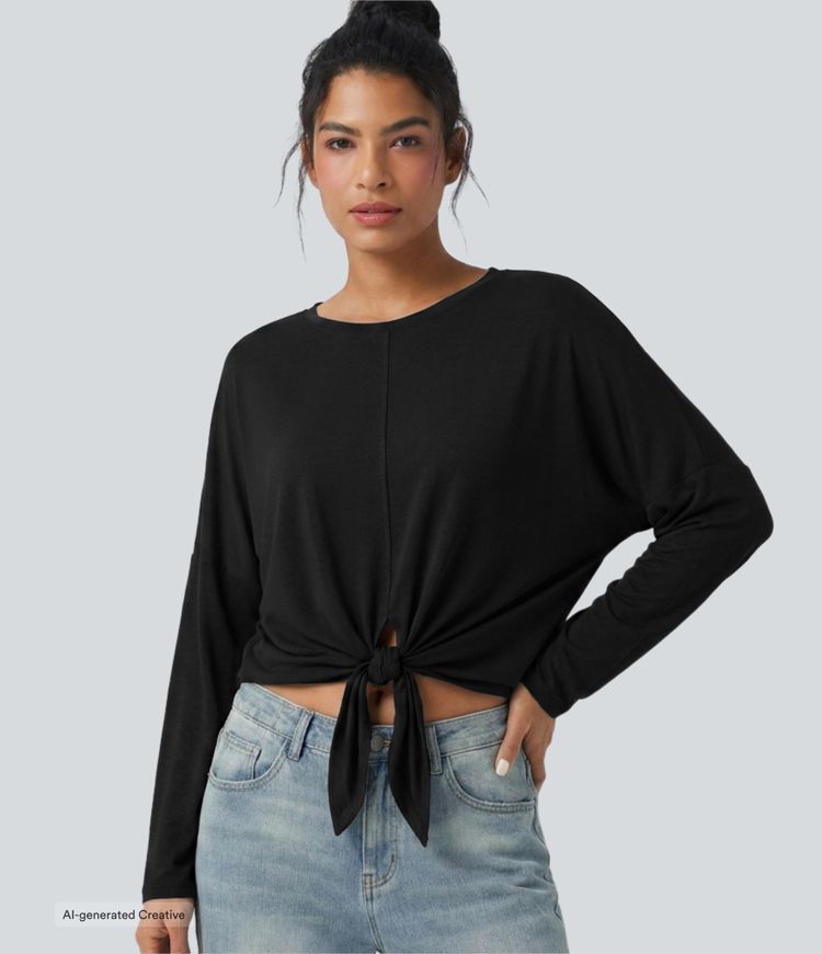 Round Neck Long Sleeve Tie Front Casual Top Round Neck Long Sleeve Tie Front Casual Top