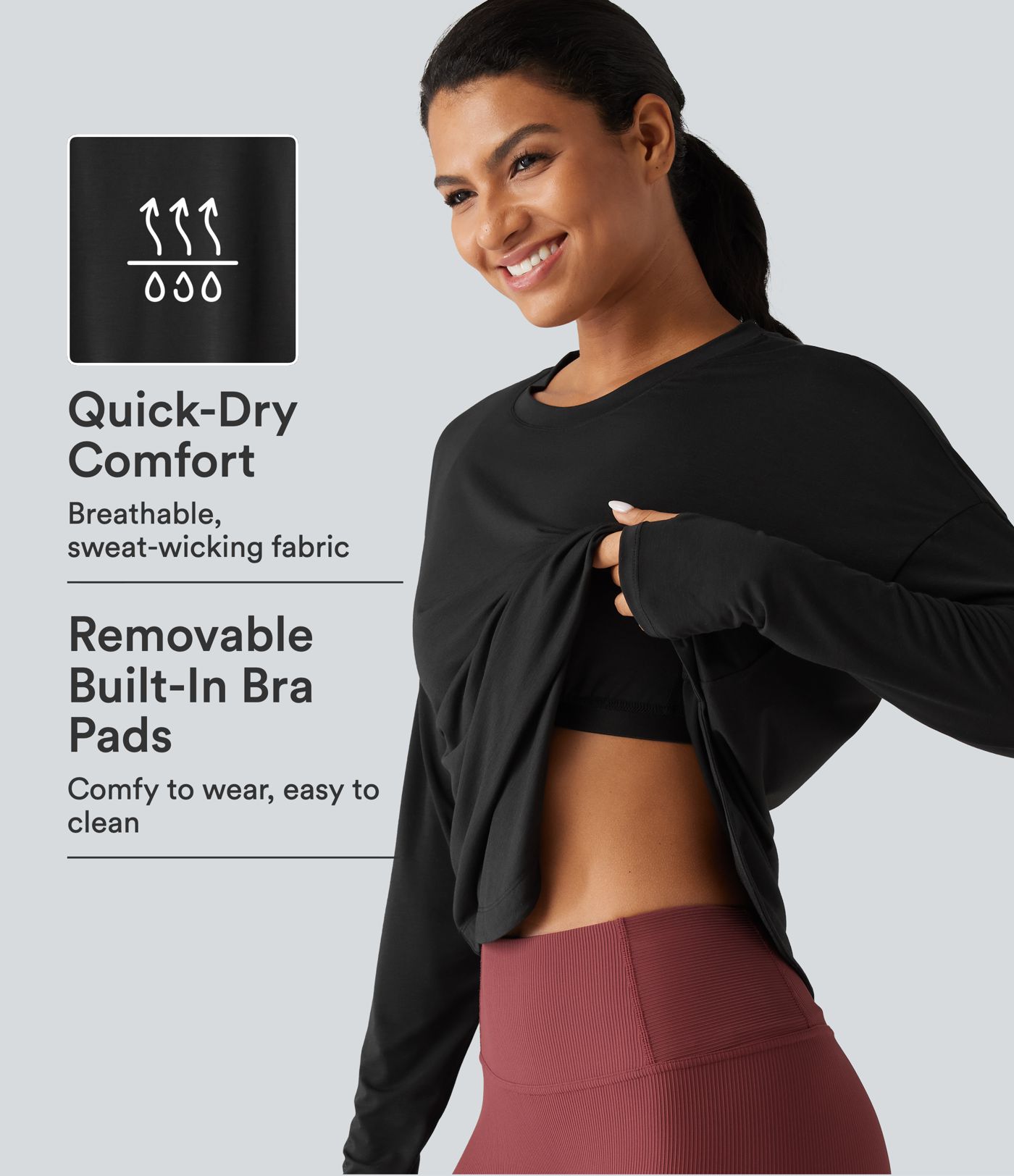 Round Neck Long Sleeve Thumb Hole Built-in Bra Quick Dry Yoga Sports Top Round Neck Long Sleeve Thumb Hole Built-in Bra Quick Dry Yoga Sports Top