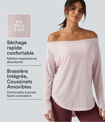 Haut de yoga à épaules dénudées, manches longues, brassière intégrée et séchage rapide Haut de yoga à épaules dénudées, manches longues, brassière intégrée et séchage rapide