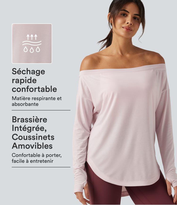 Haut de yoga à épaules dénudées, manches longues, brassière intégrée et séchage rapide Haut de yoga à épaules dénudées, manches longues, brassière intégrée et séchage rapide