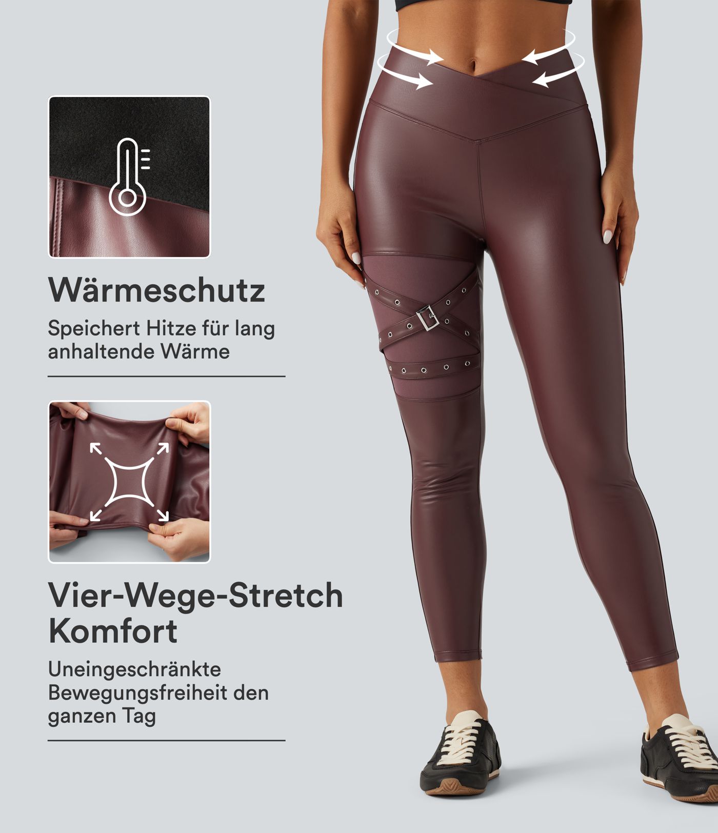 Lässige Fleece-Leggings aus elastischem Kunstleder mit hohem Crossover-Bund, Gesäßtaschen und Bauchkontrolle Lässige Fleece-Leggings aus elastischem Kunstleder mit hohem Crossover-Bund, Gesäßtaschen und Bauchkontrolle
