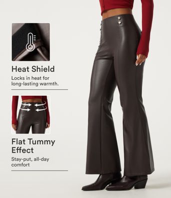 Lässige, ausgestellte Fleece-Leggings aus elastischem Kunstleder mit hohem Bund und Gesäßtaschen