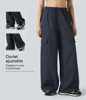 Pantalon cargo baggy taille mi-haute déperlant et résistant à l’usure avec cordon de serrage et poches Pantalon cargo baggy taille mi-haute déperlant et résistant à l’usure avec cordon de serrage et poches