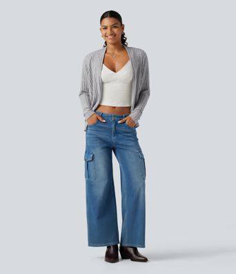 Cardigan ouvert en maille côtelée à manches longues chauve-souris