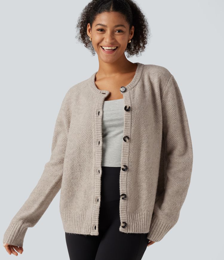 Round Neck Long Sleeve Button Fly Work Sweater