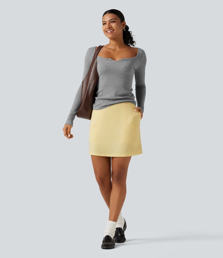 High Waisted 2-in-1 A Line Mini Casual Skirt with Pockets
