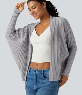 Cardigan ouvert en maille côtelée à manches longues chauve-souris