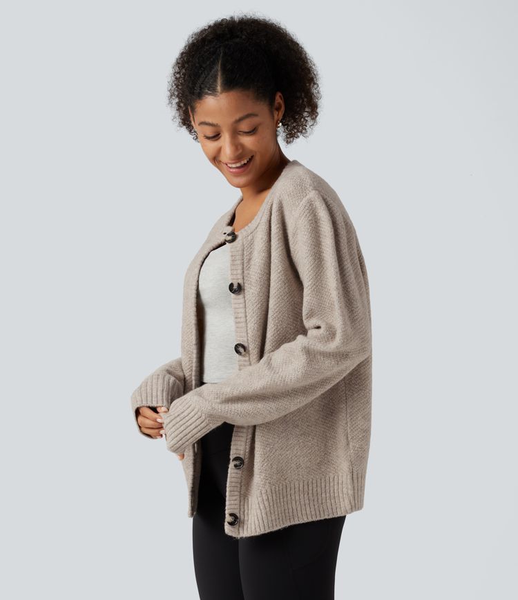 Round Neck Long Sleeve Button Fly Work Sweater