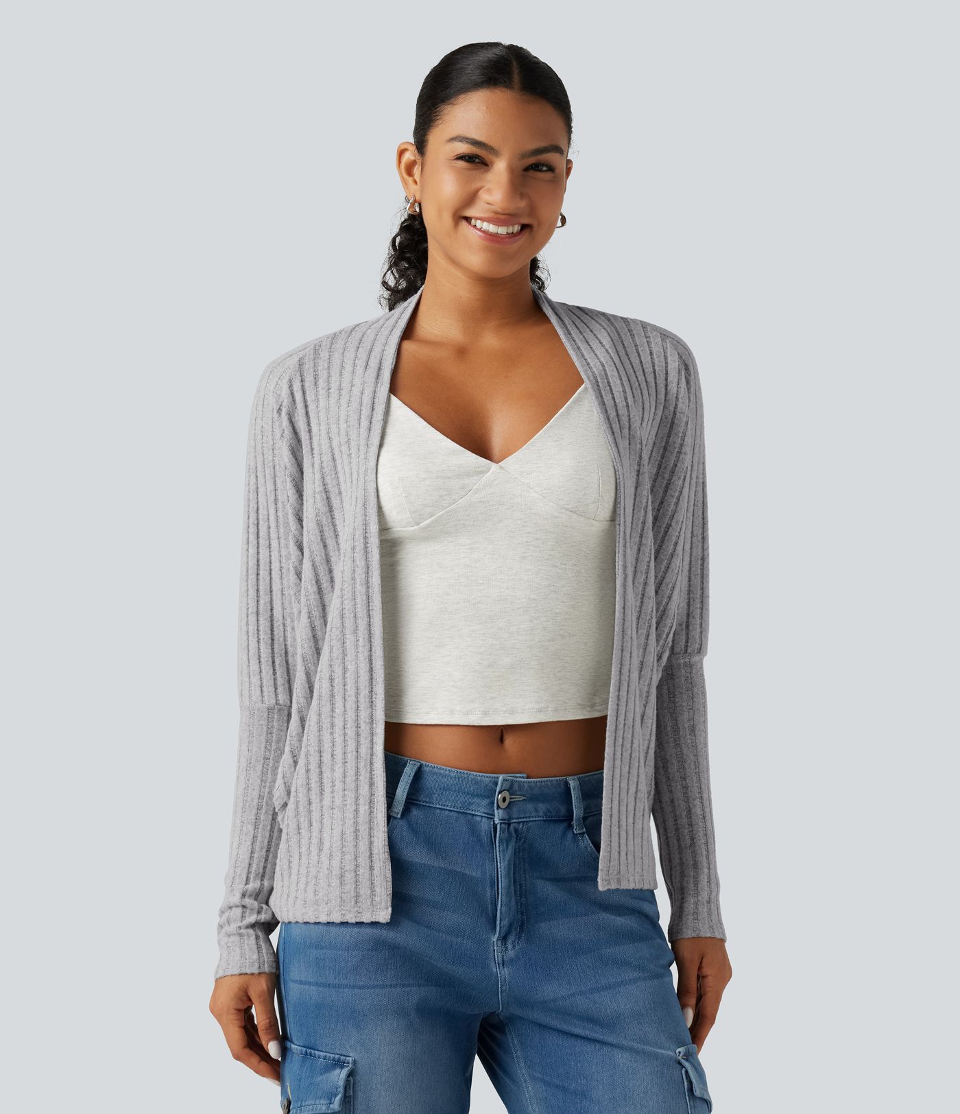 Cardigan ouvert en maille côtelée à manches longues chauve-souris