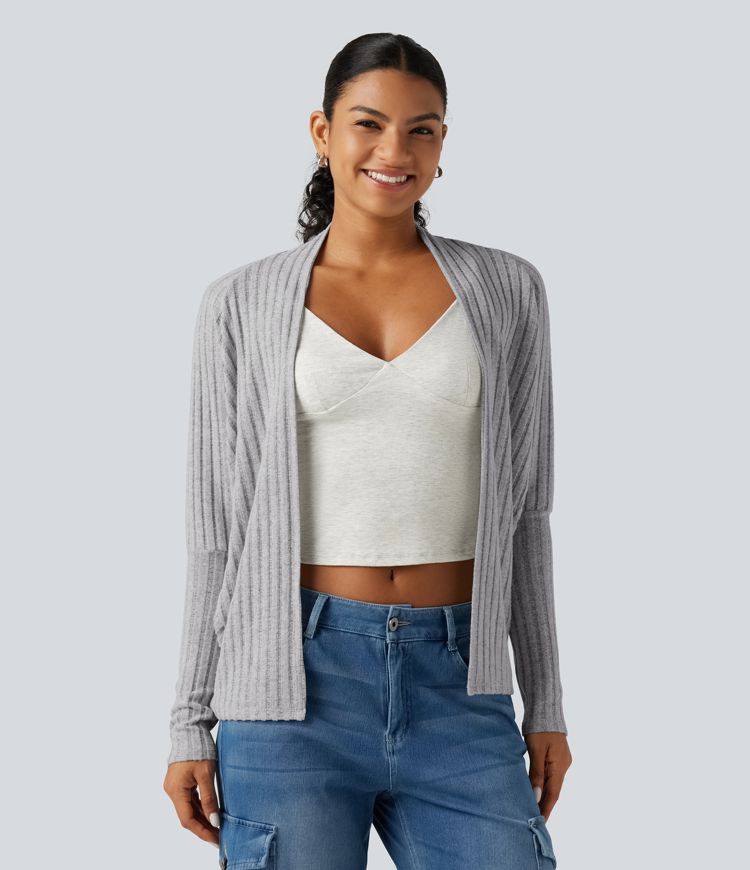 Cardigan ouvert en maille côtelée à manches longues chauve-souris