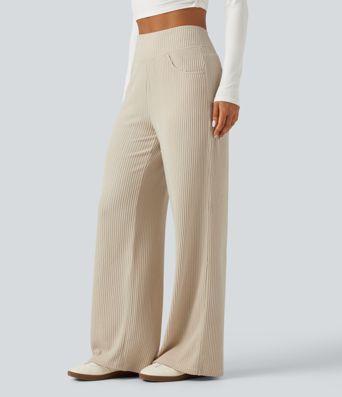 Rippstrick‑Hose mit hohem Bund, weitem Bein und Taschen Rippstrick‑Hose mit hohem Bund, weitem Bein und Taschen