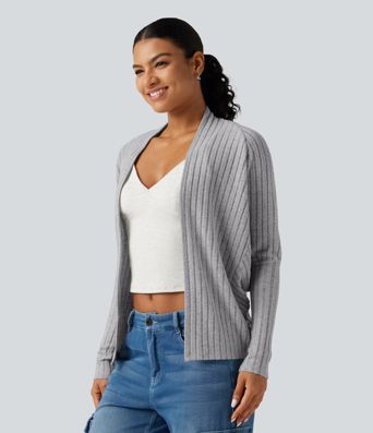 Cardigan ouvert en maille côtelée à manches longues chauve-souris