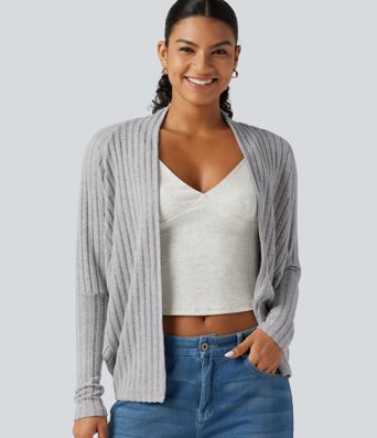 Cardigan ouvert en maille côtelée à manches longues chauve-souris