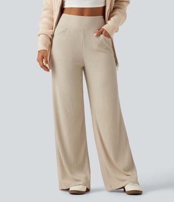 Rippstrick‑Hose mit hohem Bund, weitem Bein und Taschen Rippstrick‑Hose mit hohem Bund, weitem Bein und Taschen