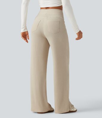 Rippstrick‑Hose mit hohem Bund, weitem Bein und Taschen Rippstrick‑Hose mit hohem Bund, weitem Bein und Taschen