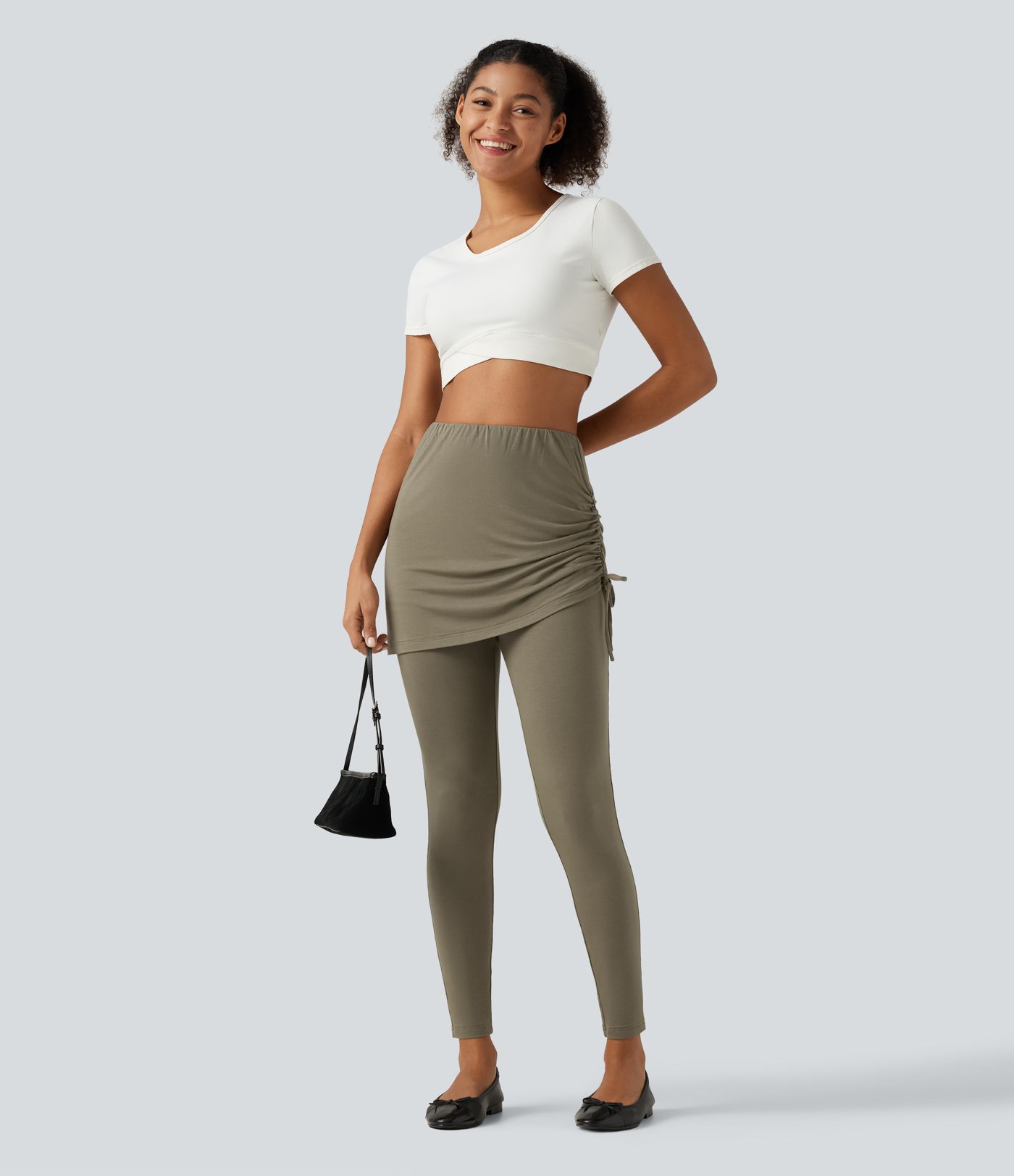 Legging-jupe taille haute à lien sur le côté et fronces avec poche Legging-jupe taille haute à lien sur le côté et fronces avec poche