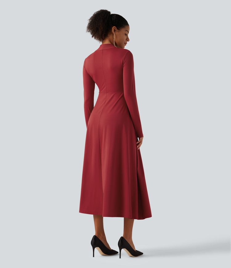 Robe midi de soirée trapèze à manches longues et col Reine Anne avec poches Robe midi de soirée trapèze à manches longues et col Reine Anne avec poches