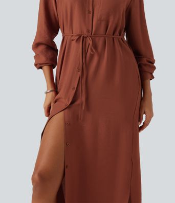 Robe-chemise midi à col, manches longues, ceinture et ourlet arrondi fendu avec poches Robe-chemise midi à col, manches longues, ceinture et ourlet arrondi fendu avec poches