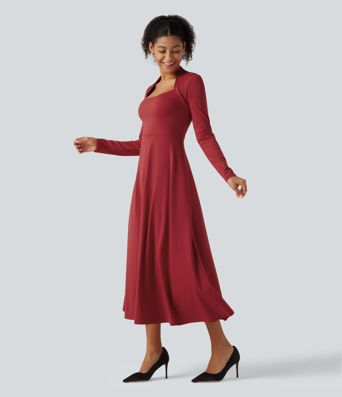 Robe midi de soirée trapèze à manches longues et col Reine Anne avec poches Robe midi de soirée trapèze à manches longues et col Reine Anne avec poches