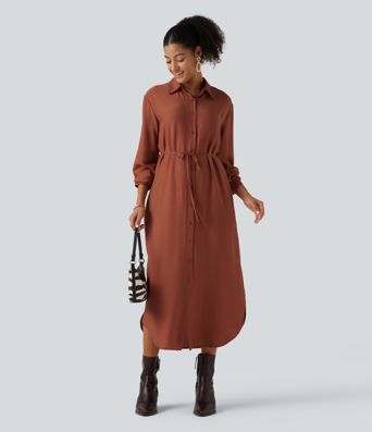 Robe-chemise midi à col, manches longues, ceinture et ourlet arrondi fendu avec poches Robe-chemise midi à col, manches longues, ceinture et ourlet arrondi fendu avec poches