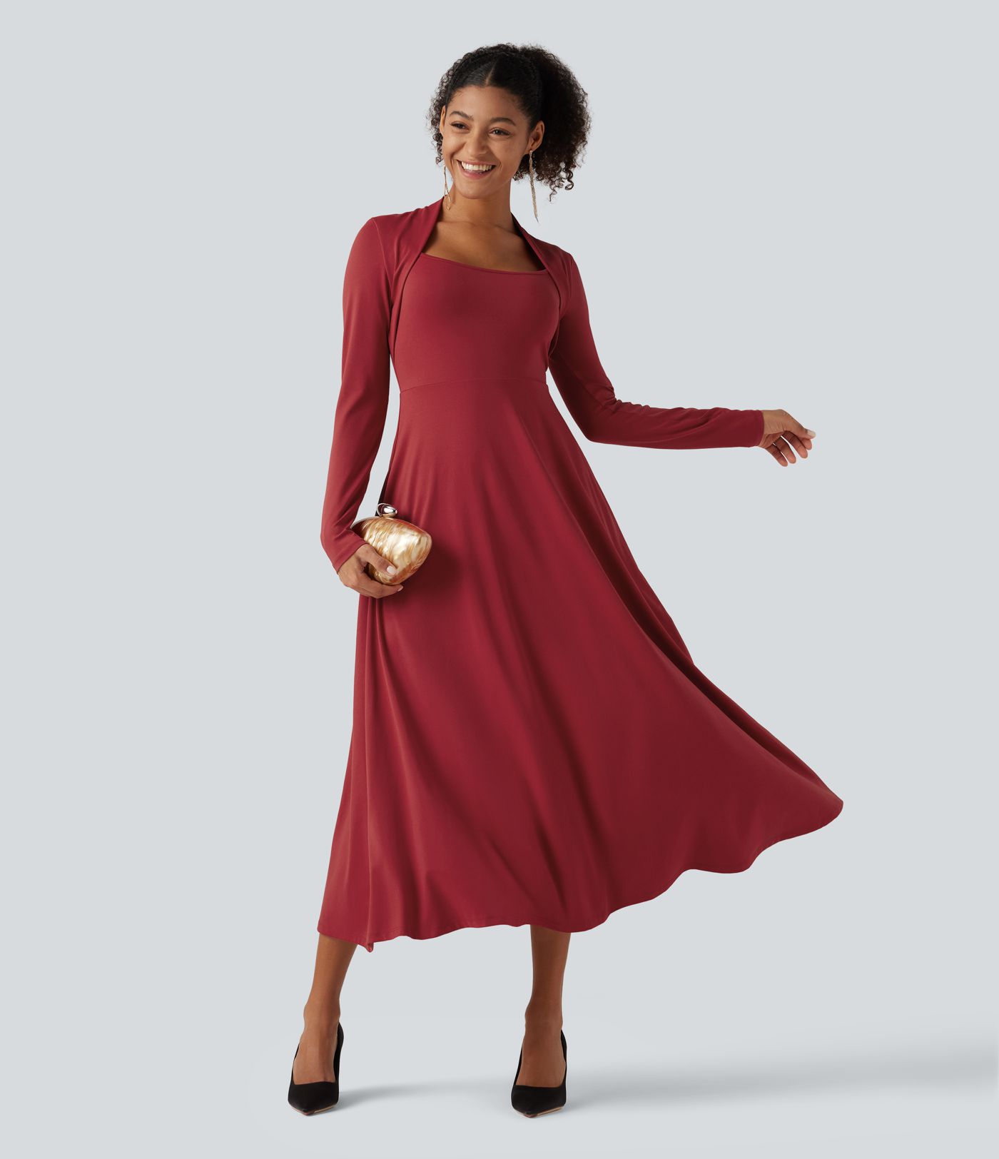 Robe midi de soirée trapèze à manches longues et col Reine Anne avec poches Robe midi de soirée trapèze à manches longues et col Reine Anne avec poches