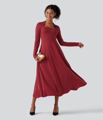 Robe midi de soirée trapèze à manches longues et col Reine Anne avec poches Robe midi de soirée trapèze à manches longues et col Reine Anne avec poches
