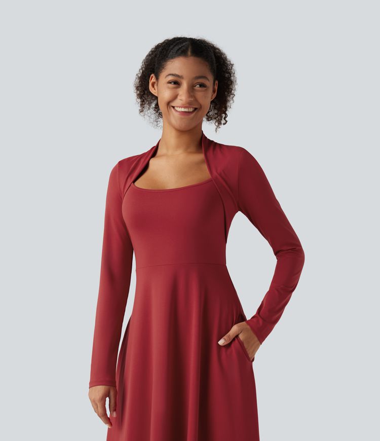 Robe midi de soirée trapèze à manches longues et col Reine Anne avec poches Robe midi de soirée trapèze à manches longues et col Reine Anne avec poches