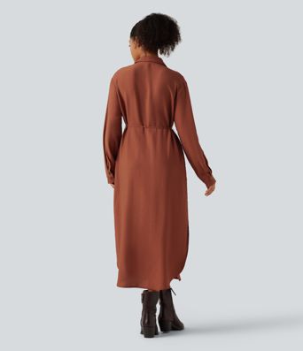 Robe-chemise midi à col, manches longues, ceinture et ourlet arrondi fendu avec poches Robe-chemise midi à col, manches longues, ceinture et ourlet arrondi fendu avec poches