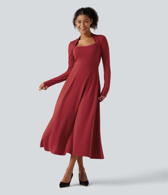 Robe midi de soirée trapèze à manches longues et col Reine Anne avec poches Robe midi de soirée trapèze à manches longues et col Reine Anne avec poches