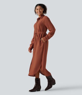 Robe-chemise midi à col, manches longues, ceinture et ourlet arrondi fendu avec poches Robe-chemise midi à col, manches longues, ceinture et ourlet arrondi fendu avec poches