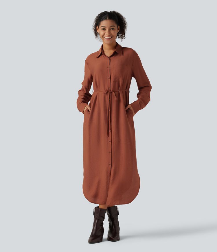 Robe-chemise midi à col, manches longues, ceinture et ourlet arrondi fendu avec poches Robe-chemise midi à col, manches longues, ceinture et ourlet arrondi fendu avec poches