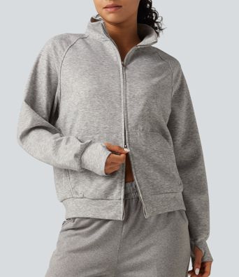 High Neck 2-Way Zipper Long Sleeve Thumb Hole Casual Jacket with Pockets