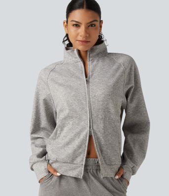 High Neck 2-Way Zipper Long Sleeve Thumb Hole Casual Jacket with Pockets