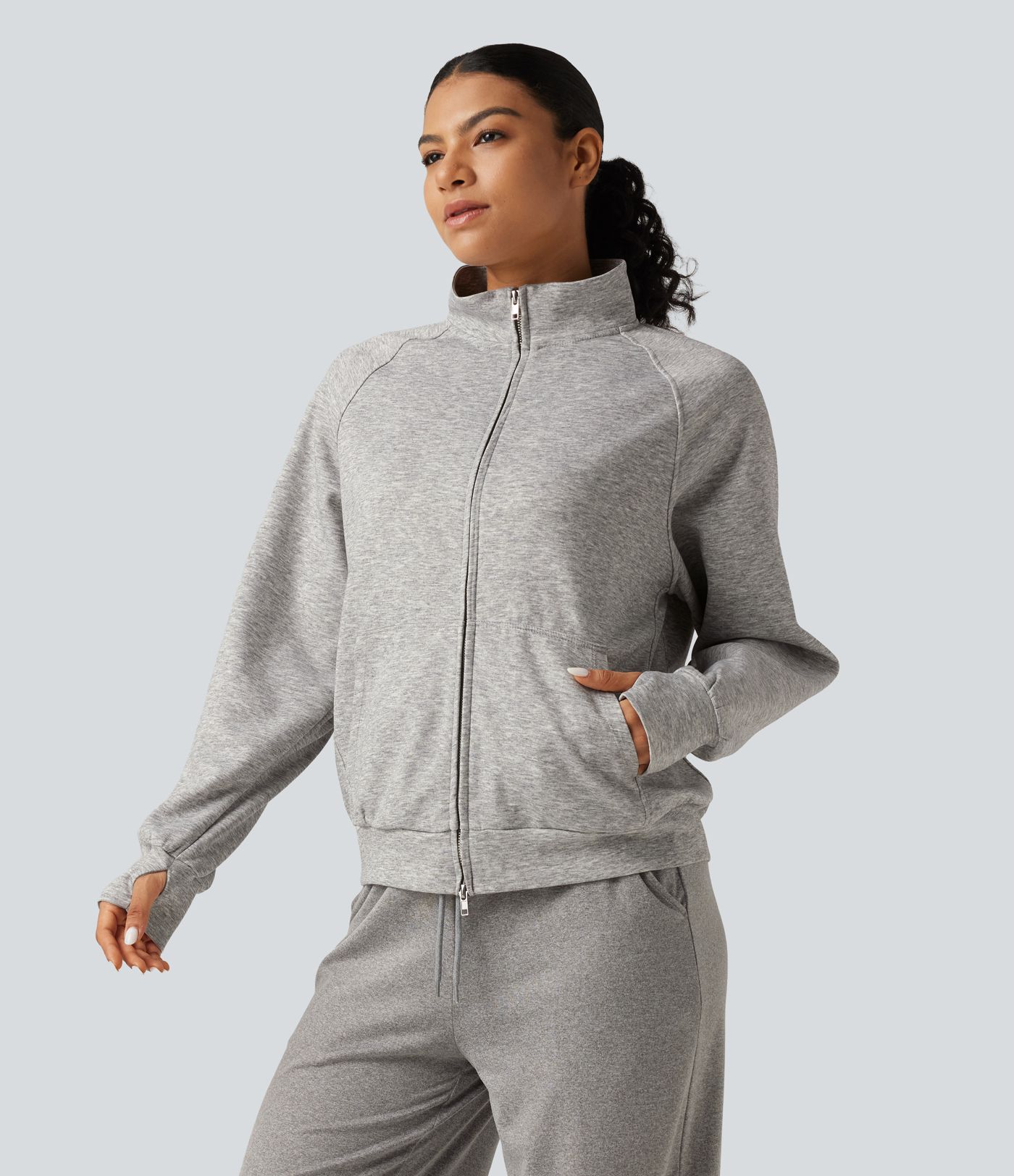 High Neck 2-Way Zipper Long Sleeve Thumb Hole Casual Jacket with Pockets
