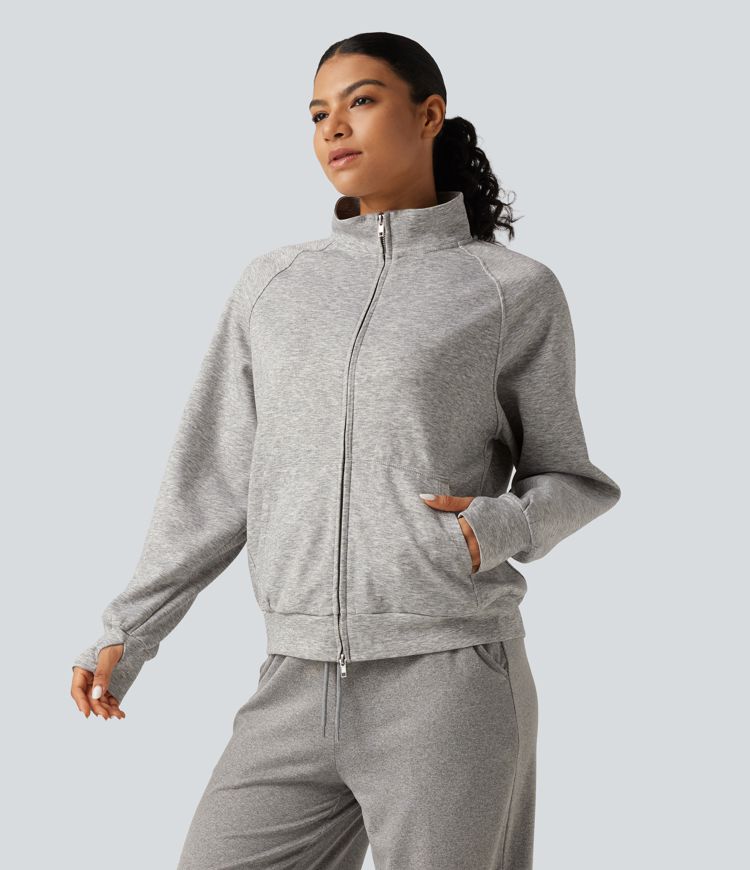 High Neck 2-Way Zipper Long Sleeve Thumb Hole Casual Jacket with Pockets