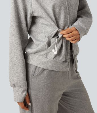 High Neck 2-Way Zipper Long Sleeve Thumb Hole Casual Jacket with Pockets