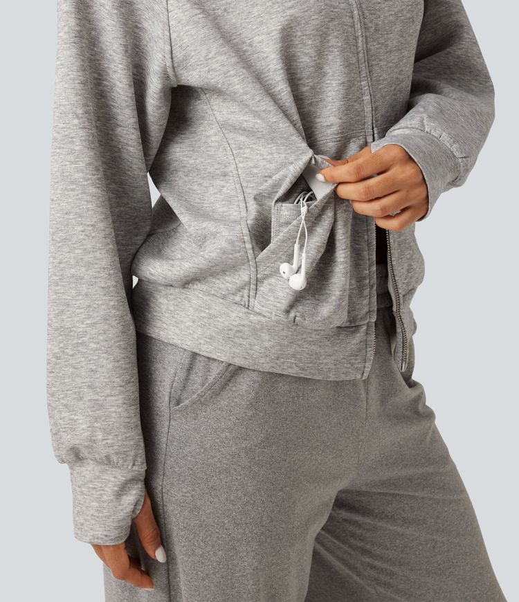 High Neck 2-Way Zipper Long Sleeve Thumb Hole Casual Jacket with Pockets