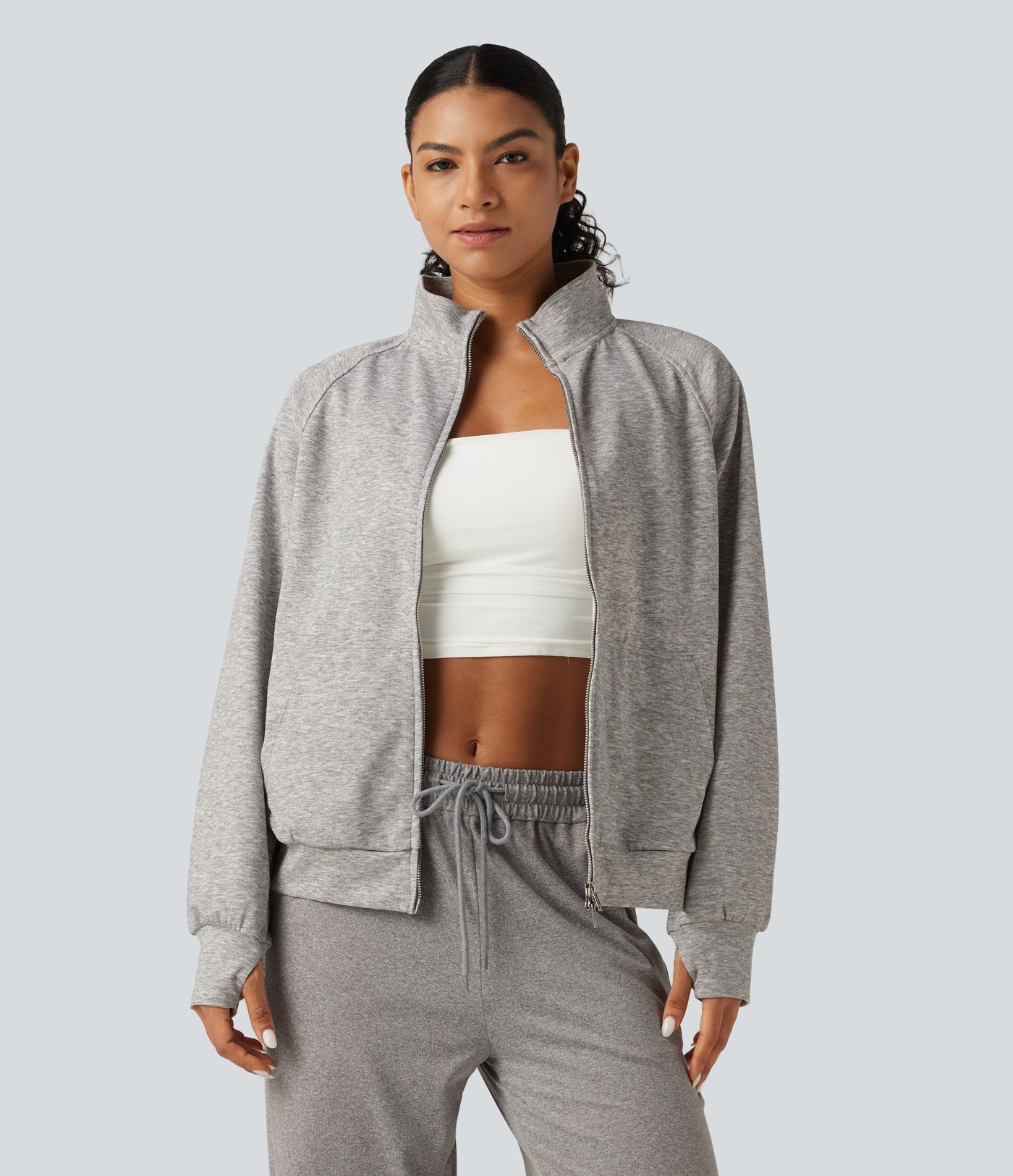 High Neck 2-Way Zipper Long Sleeve Thumb Hole Casual Jacket with Pockets