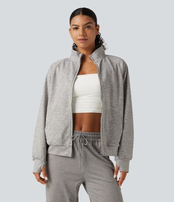 High Neck 2-Way Zipper Long Sleeve Thumb Hole Casual Jacket with Pockets
