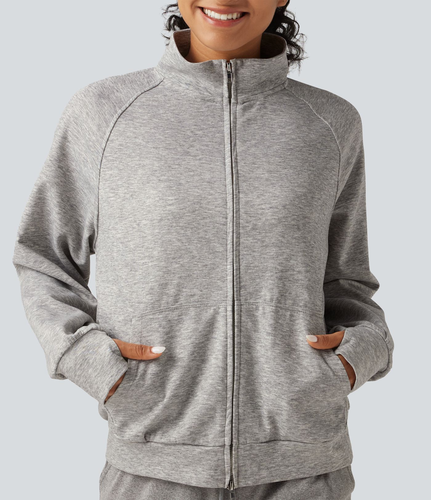 High Neck 2-Way Zipper Long Sleeve Thumb Hole Casual Jacket with Pockets