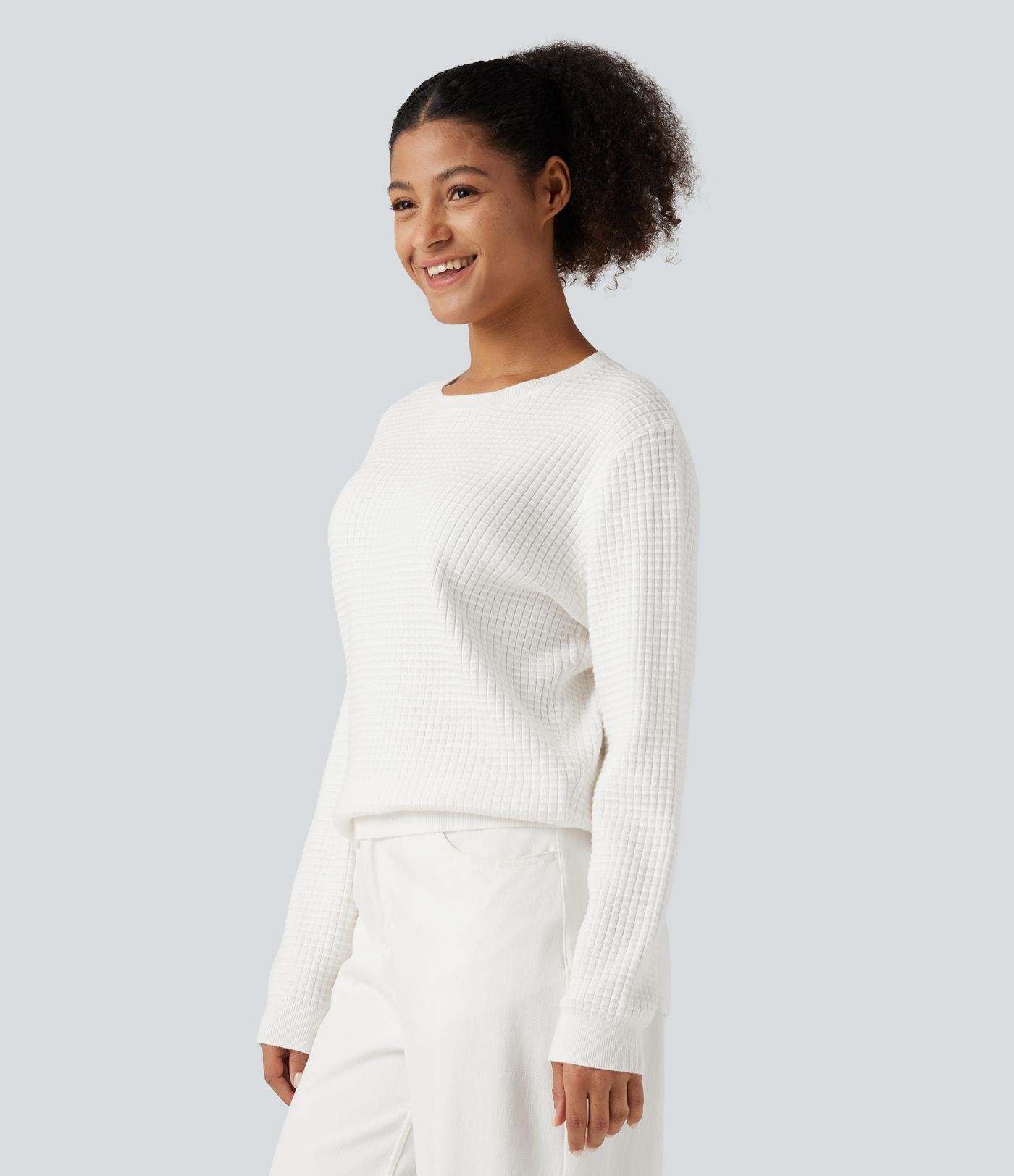 Round Neck Long Sleeve Waffle Casual Sweater