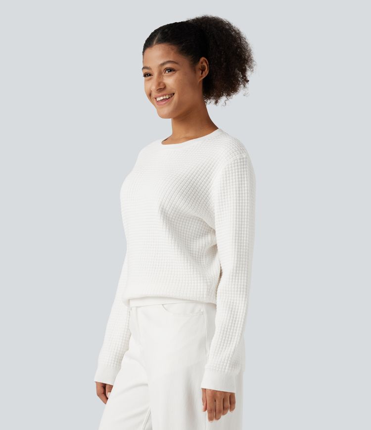 Round Neck Long Sleeve Waffle Casual Sweater