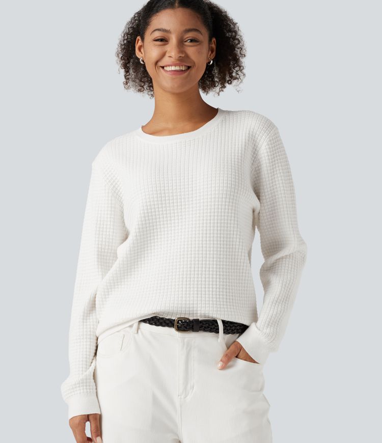 Round Neck Long Sleeve Waffle Casual Sweater