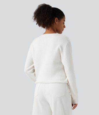 Round Neck Long Sleeve Waffle Casual Sweater