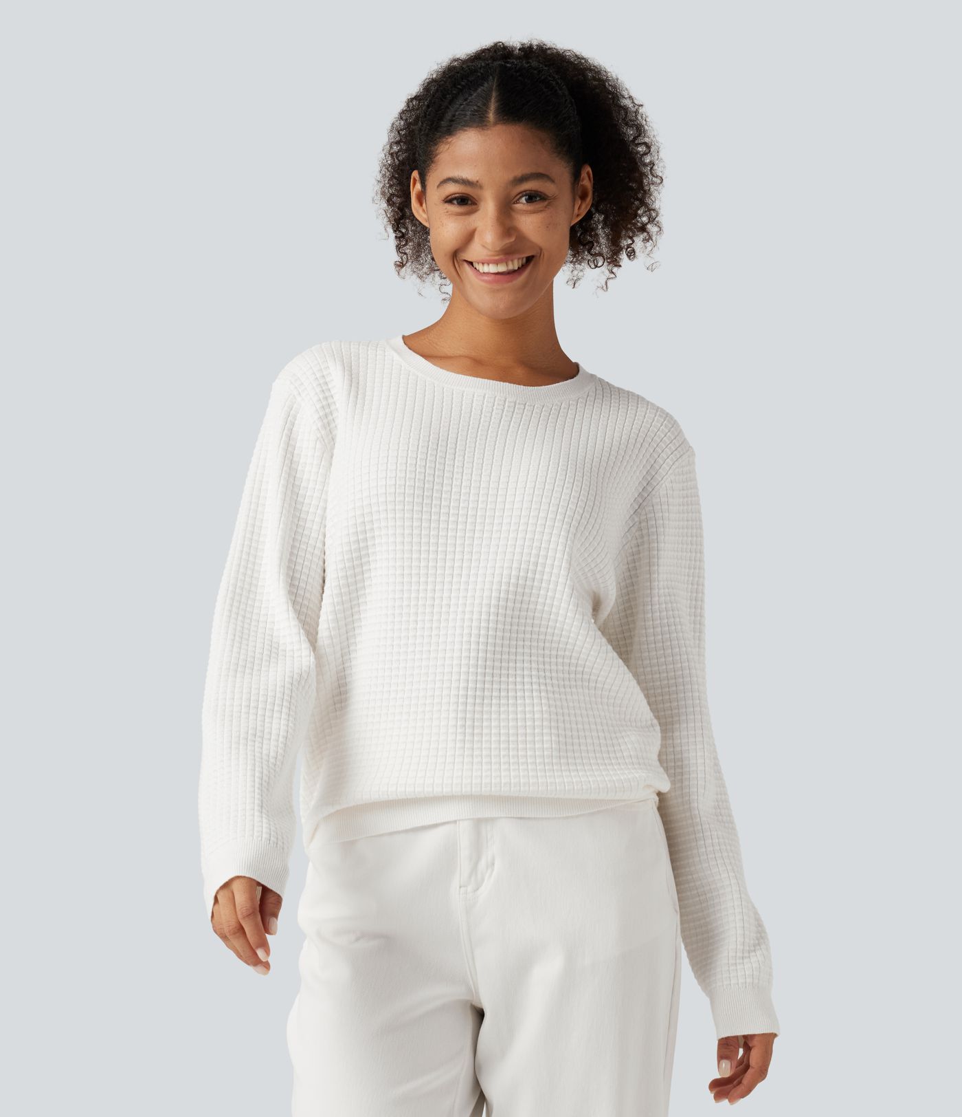 Round Neck Long Sleeve Waffle Casual Sweater