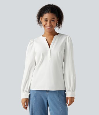 Lässige Bluse mit Henley-Ausschnitt und langen Puffärmeln