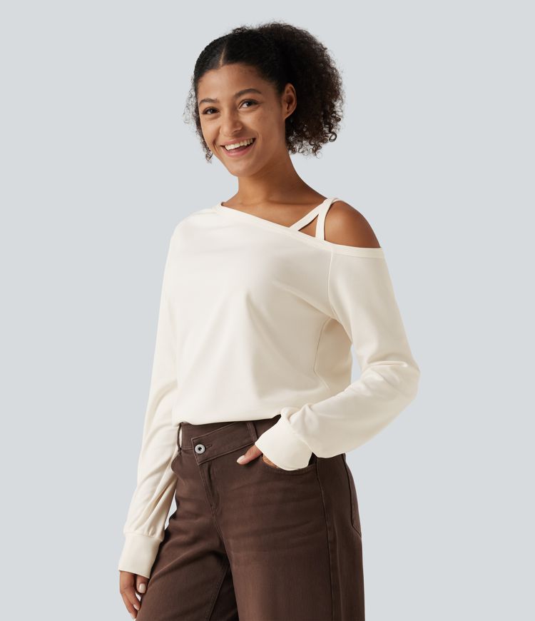 Haut gaufré asymétrique une épaule à manches longues et design croisé Haut gaufré asymétrique une épaule à manches longues et design croisé