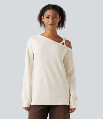 Haut gaufré asymétrique une épaule à manches longues et design croisé Haut gaufré asymétrique une épaule à manches longues et design croisé