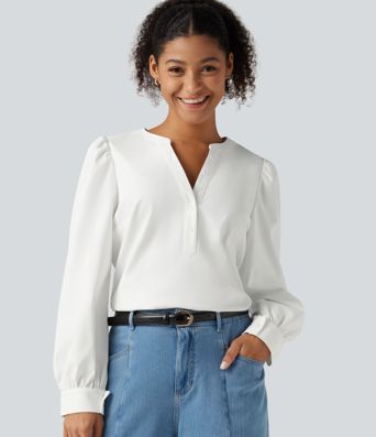 Lässige Bluse mit Henley-Ausschnitt und langen Puffärmeln