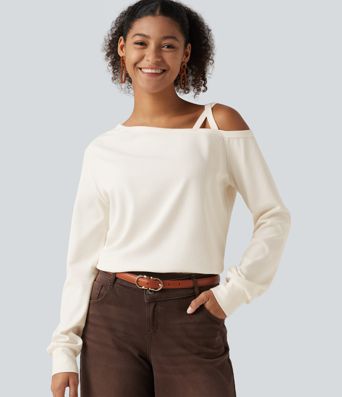 Haut gaufré asymétrique une épaule à manches longues et design croisé Haut gaufré asymétrique une épaule à manches longues et design croisé